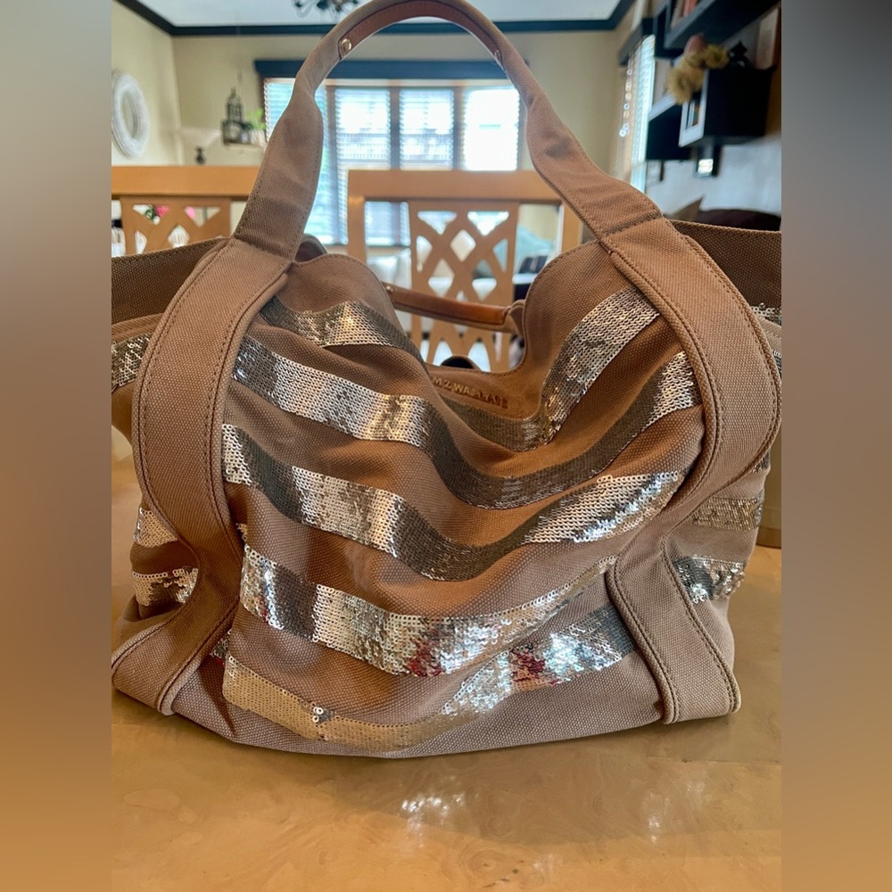 MZ Wallace Ava Sequin Tan and Silver Sequin Tote